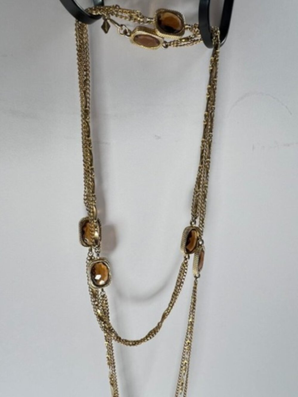 Vintage SARAH COVENTRY 53” Gold-Tone Triple Chain Necklace Amber Glass Stones - Picture 6 of 10